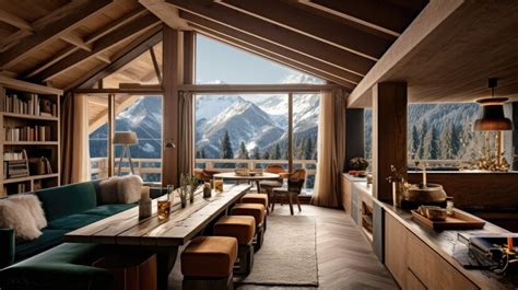 Premium Photo | The interior design of modern wooden chalet living area with dining space in ...