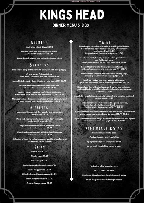 Menu at Kings Head pub & bar, Llandudno