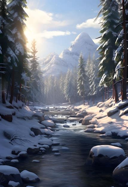 Premium Photo | A snowy forest with trees and streams