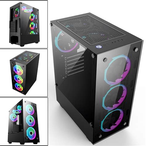 Mid Tower ATX Gaming Computer PC Case RGB LED Tempered Glass 6x Halo ...