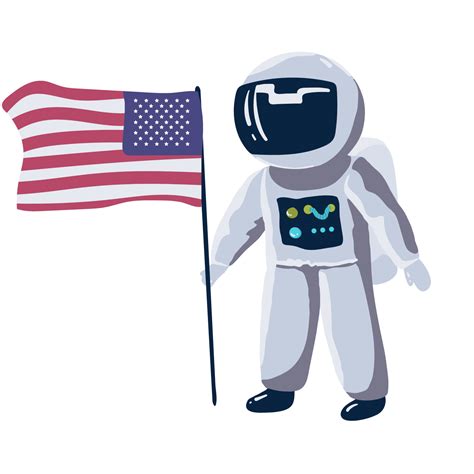 Cute little astronaut stand on the moon with USA flag.Space mission. Childish vector ...