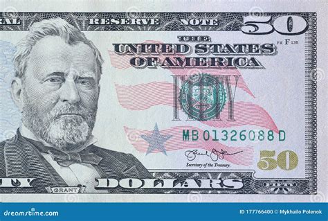 Portrait of US President Ulysses Simpson Grant on 50 Dollars Banknote Closeup Macro Fragment ...