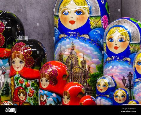 Traditional Russian "matryoshkas" (nesting dolls) on display in a souvenir shop in Pulkovo ...