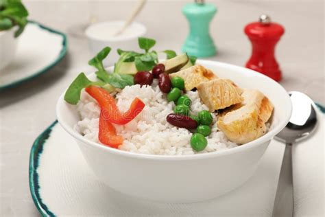 Bowl of Boiled Rice with Vegetables and Meat Stock Image - Image of ...