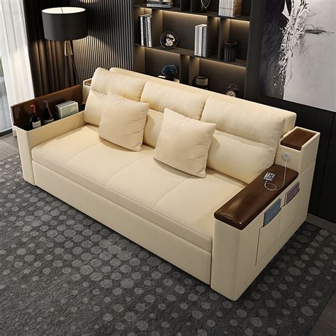 82.7" Beige Full Sleeper Sofa Linen Convertible Sofa Bed Storage & Side ...