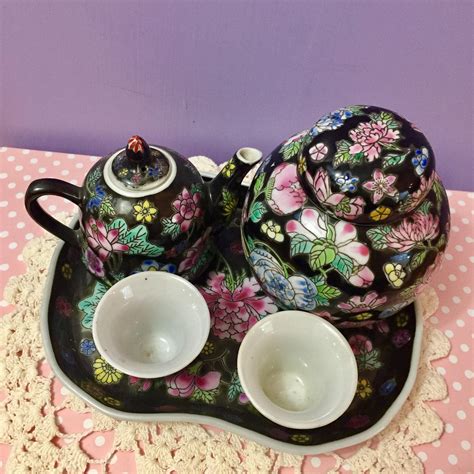 Vintage Chinese Black Floral Children's Tea Set, Chinese Miniature Tea Set, Vintage Asian Decor ...