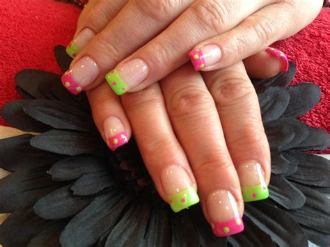 Acrylic nails with lime green and pink polka dot nail art | Flickr