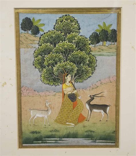 A 19th CENTURY INDIAN MINIATURE PAINTING, of a lady playing an instrument by a tree.