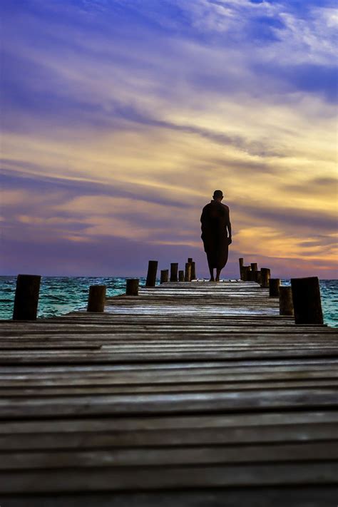 man, walking, wooden, dock, daytime, sunset, sky, outdoors, dusk, travel | Pxfuel