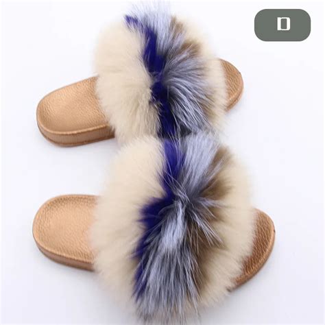 Real Fur Slippers Women Fox Home Winter Fluffy Sliders Women's Fur ...