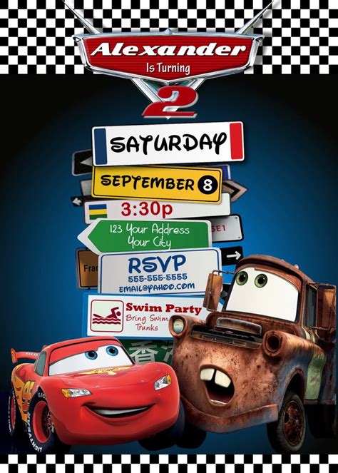 Disney Pixar Cars Lightning Mcqueen Mater Birthday Party Invitations - Pixar Cars Printable ...