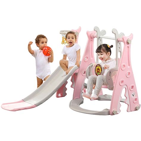 3 in 1 Baby Slide with Swing Chair Set Climber Slide Kids Playset Basketball Hoop Combination ...