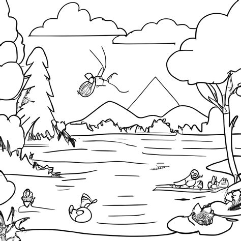 Digital Graphic Lake Coloring Page Black and White · Creative Fabrica