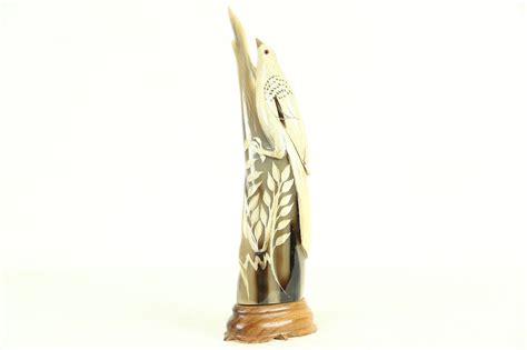 Bird Sculpture, Hand Carved Buffalo Horn, Thailand Folk Art 12 3/4" Tall