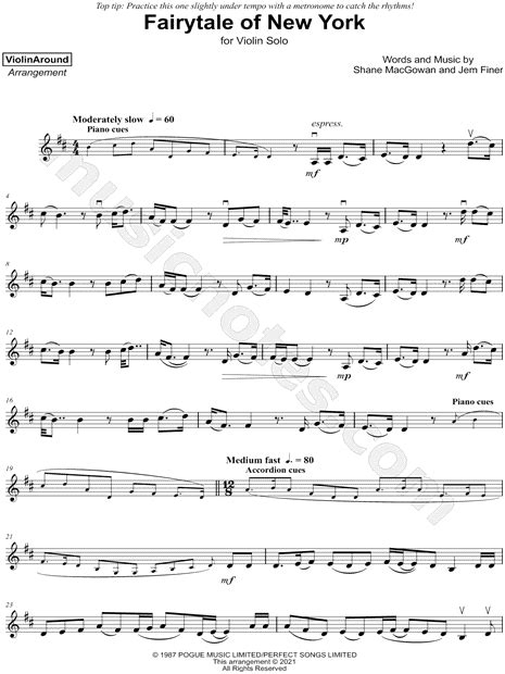 ViolinAround "Fairytale of New York" Sheet Music (Violin Solo) in D ...