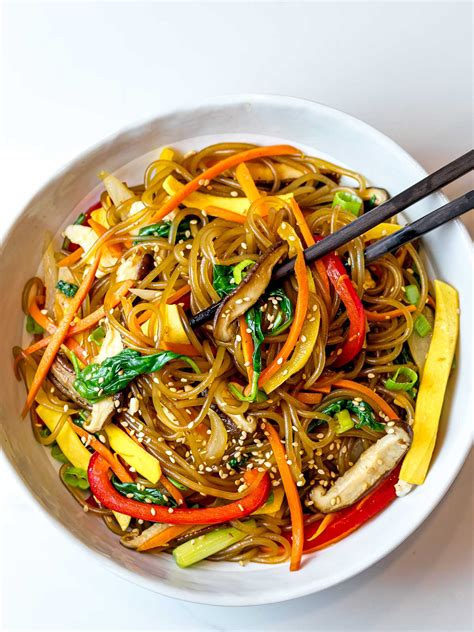 Easy Japchae (Korean glass noodle stir fry) - Drive Me Hungry