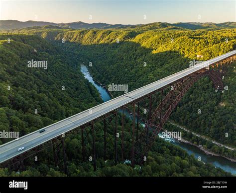 Viewed from the air, the New River Gorge Bridge in Fayetteville, West ...