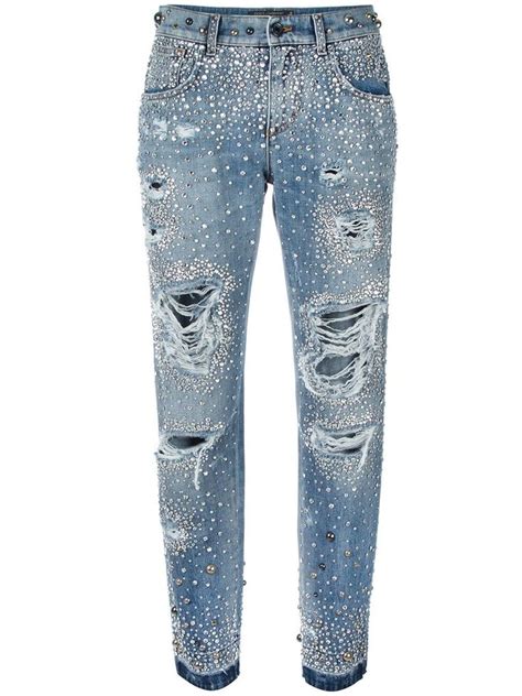 Dolce & Gabbana rhinestone ripped boyfriend jeans | Embellished jeans ...