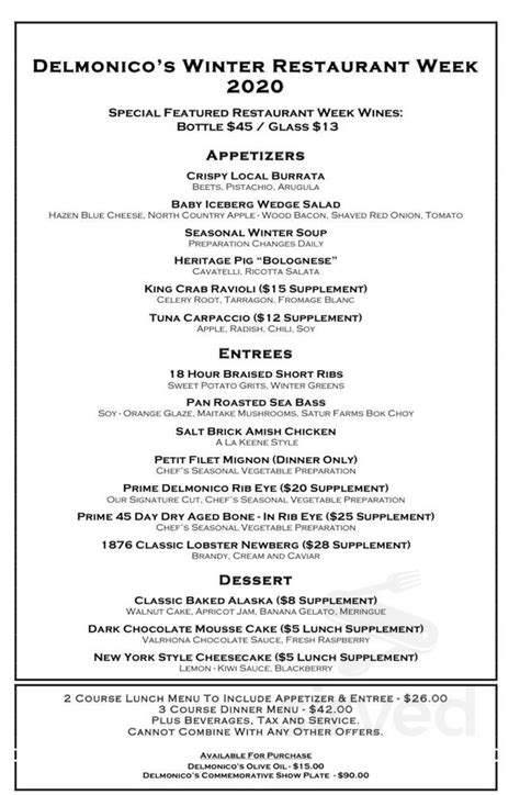 Menu for Delmonico's in New York, NY | Sirved