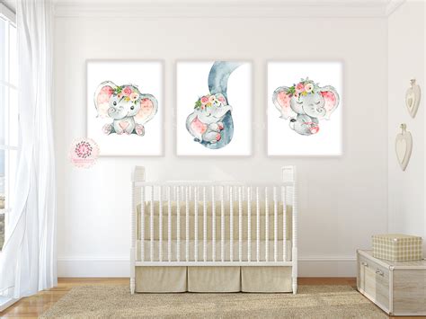 3 Boho Elephant Wall Art Print Baby Girl Nursery Whimsical Zoo Safari – Pink Forest Cafe