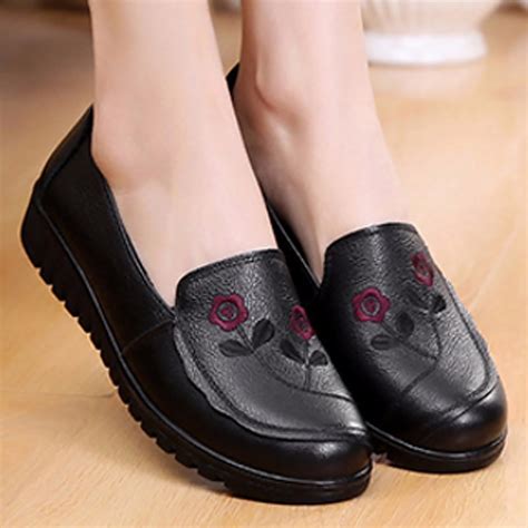 Flat shoes women genuine leather loafers embroider casual shoes hard wearing non slip flats ...