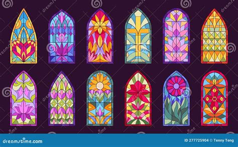 Mosaic Church Windows. Cartoon Stained Glass Windows, Decorative Abstract Mosaic Frames Flat ...