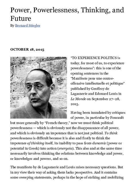 (PDF) Bernard Stiegler, "Power, Powerlessness, Thinking, and Future" (2015) | Daniel Ross ...