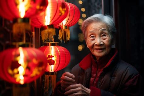 Premium Photo | Chinese older woman take a photo with red chinese ...
