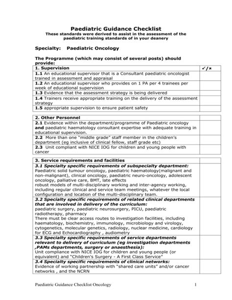 Oncology Guidance Checklist