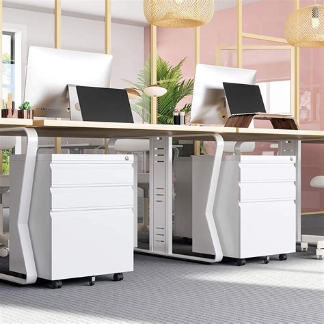 White Mobile Under Desk File Cabinet with Lock | Home Office | SONGMICS