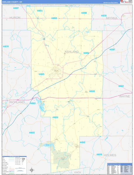 Ashland County, OH Zip Code Wall Map Basic Style by MarketMAPS - MapSales