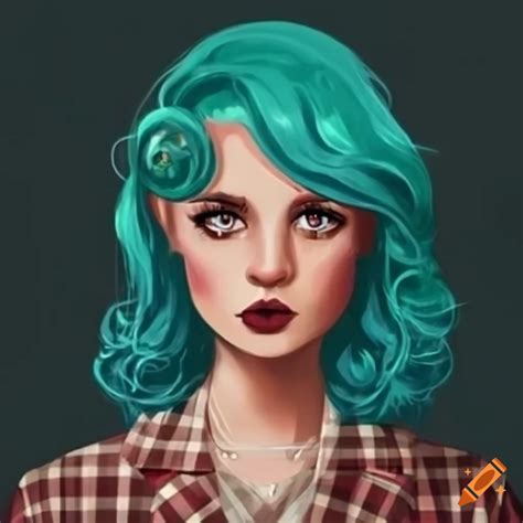 Anime-style illustration of a female character with teal wavy hair and ...