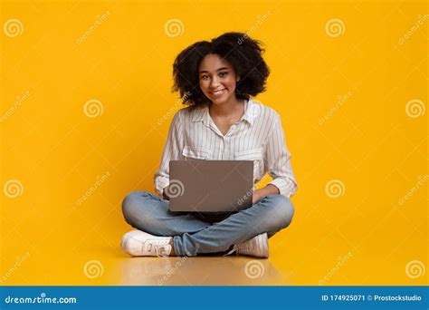 Freelance Concept. Happy Black Girl Sitting with Laptop, Working Online Stock Image - Image of ...