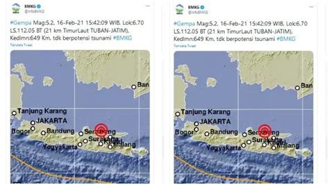 Gempa Magnitudo 5,2 Guncang Tuban, Jawa Timur Sore Ini - Tribunnews.com