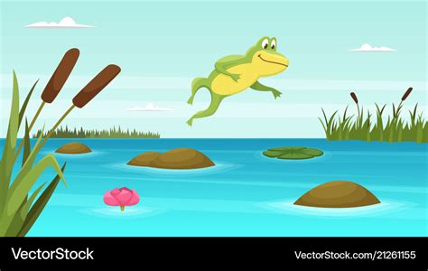 Frog jumping in pond cartoon background Royalty Free Vector