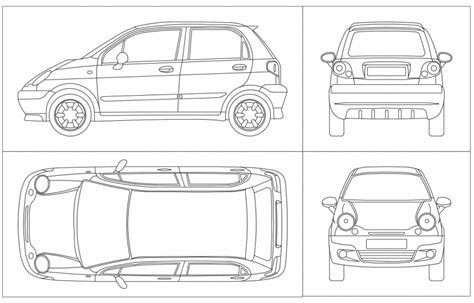 Family small car front side and top view elevation cad block design dwg ...