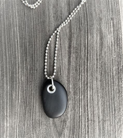 Beach Stone Jewelry Black Stone Necklace Sterling Silver Riveted Lake Superior Stone Vacation ...