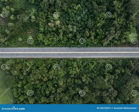 Aerial View from Drone of Straight Two Lane Road with Both Sides is Lush Green Woodland Stock ...