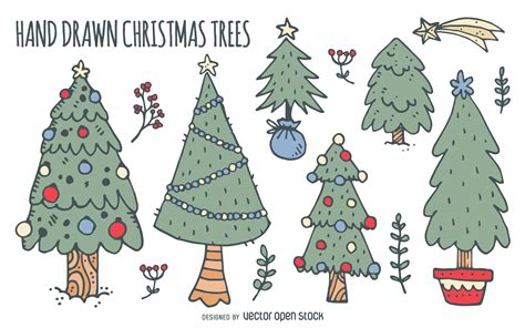 Collection of Christmas trees doodles. Each tree is different: some ...