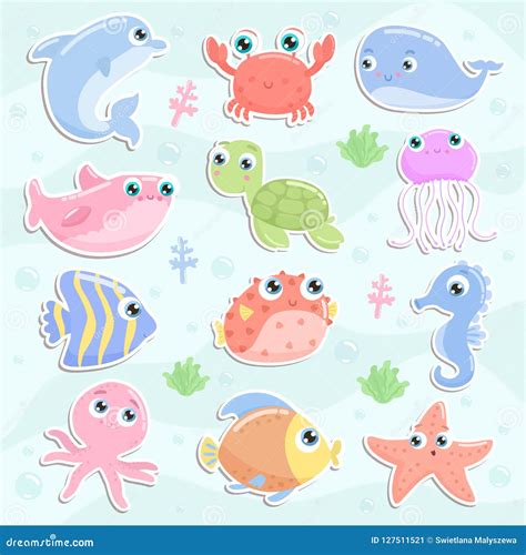 Cute sea animal stickers stock illustration. Illustration of aquatic ...