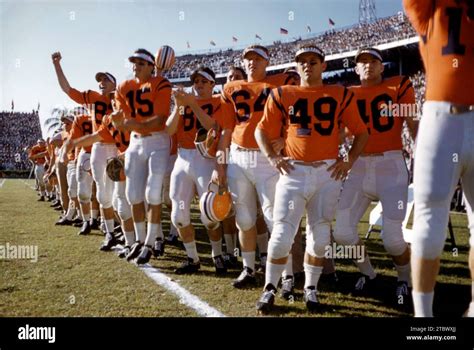 MIAMI, FL - 1950's: General view of college football team standing on the sideline during an ...