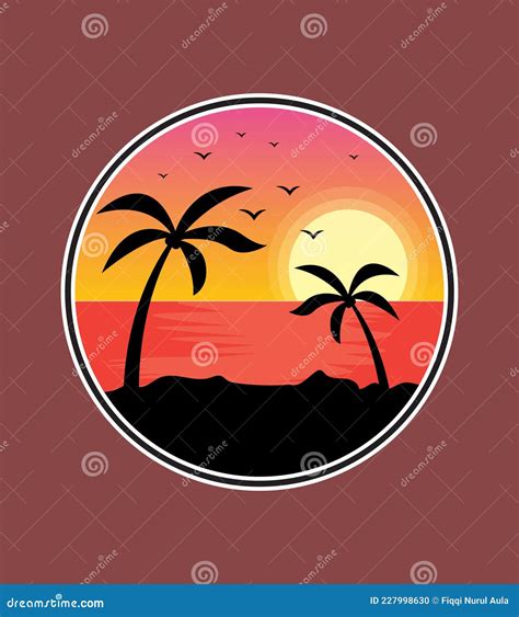 Illustration of Beach at Sunset with Palm Tree Silhouette Stock Vector - Illustration of sunset ...