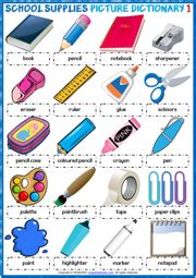 School Supplies ESL Printable Picture Dictionary Worksheets