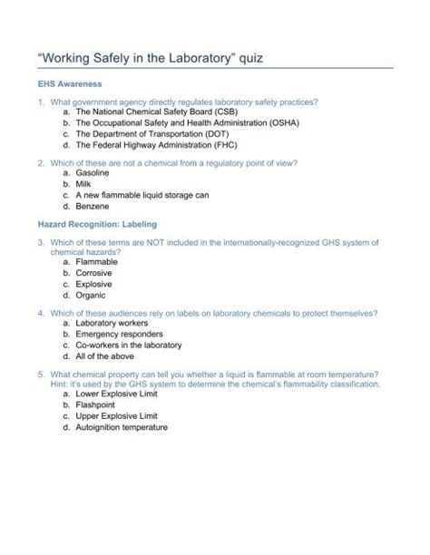 Working safe quiz chemical version - Environmental Health & Safety