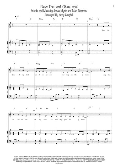 Bless The Lord, Oh My Soul (arr. Andy Weighell) by Matt Redman Sheet Music for Piano & Vocal at ...