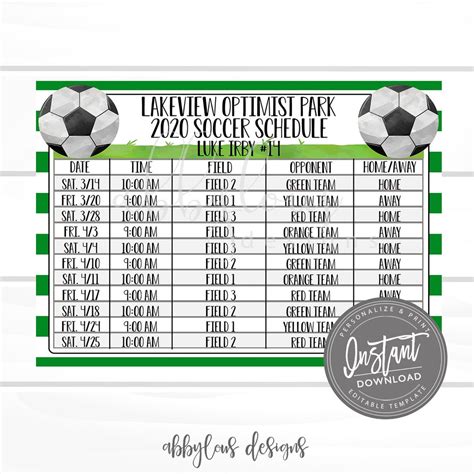 EDITABLE Soccer Game Schedule Printable, Practice Schedule, Summer Ball Schedule, Editable ...