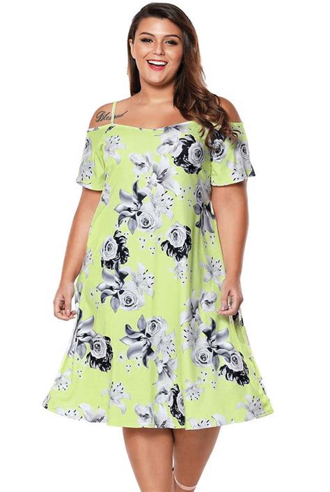 Women's #yellow cold shoulder #PlusSize midi #dress floral pattern design, Short frill sleev ...