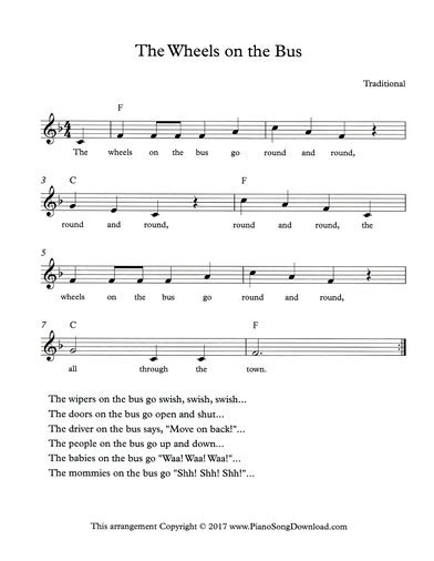 The Wheels on the Bus: free lead sheet with melody, chords and lyrics