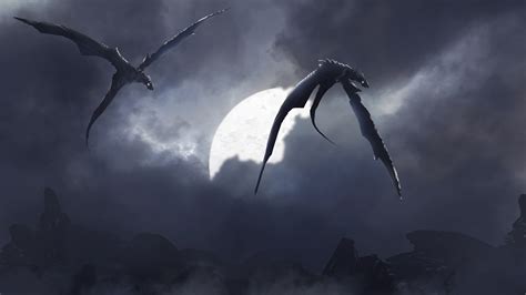 Fantasy Two Dragons Are Flying High On Sky Near Moon 4K 5K HD Dreamy Wallpapers | HD Wallpapers ...