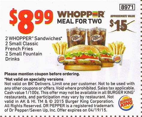 Burger King Whopper Meal For Two Coupon - Burger Poster